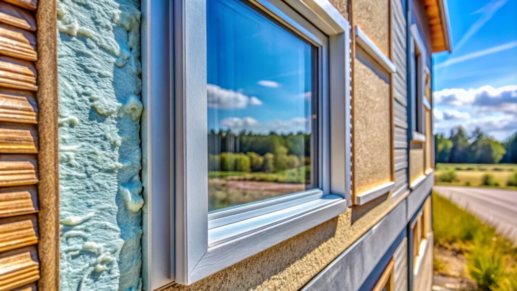 Close-Up of a Window on an Insulated House Exterior Showcasing Energy Efficiency and Modern Design, Highlighting the Texture and Color of Insulation Materials and Frame Details Close-Up of a Window on an Insulated House Exterior Showcasing Energy Efficiency and Modern Design, Highlighting the Texture and Color of Insulation Materials and Frame Details